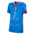 A bright blue Atlético Madrid soccer jersey by Nike featuring the Riyadh Air sponsor logo, white trim, and red accents in a classic Total 90 design.