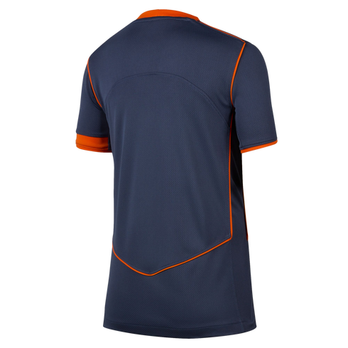 Rear view of a navy blue short-sleeve sports jersey with orange trim on the collar, cuffs, and back seams.