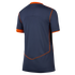 Rear view of a navy blue short-sleeve sports jersey with orange trim on the collar, cuffs, and back seams.