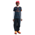 Young person in a red Nike beanie, grey and orange Inter Milan jersey, dark pants, and orange sneakers standing against a black background.