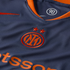 Close-up of a navy blue Inter Milan football kit featuring the embroidered orange club crest with two stars and orange accents on the collar.