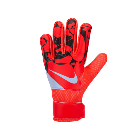 A red and black Nike goalkeeper glove featuring a geometric pattern on the fingers and a white swoosh logo, displayed against a solid black background.