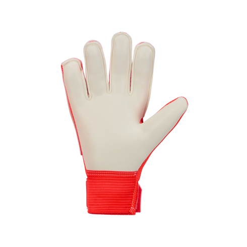 Goalkeeper glove with an off-white palm and red wrist strap, isolated on a black background.