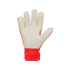 Goalkeeper glove with an off-white palm and red wrist strap, isolated on a black background.