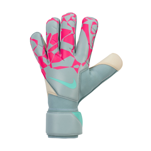 A Nike goalkeeper glove featuring a grey base with vibrant pink geometric patterns and a teal swoosh logo on the back of the hand.