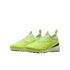 Pair of lime green Nike turf soccer shoes featuring orange accents and a speckled white midsole against a black background.