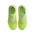 Top-down view of bright lime green Nike sneakers with orange accents and diagonal stripes on a black background.