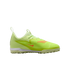 Side profile of a neon yellow Nike Phantom turf soccer shoe featuring an orange swoosh and a speckled grey studded outsole, set against a black background.
