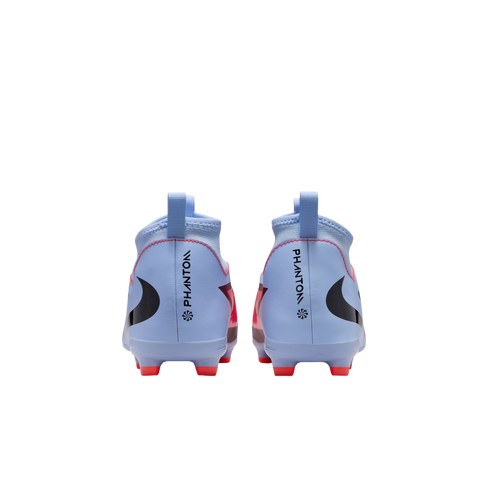 Rear view of light blue Nike Phantom soccer boots with red studs and black branding, shown against a solid black background.