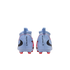 Rear view of light blue Nike Phantom soccer boots with red studs and black branding, shown against a solid black background.