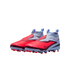 A pair of bright red and light blue Nike laceless football cleats with high-top sock collars, set against a black background.
