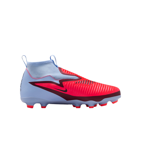 A light blue and vibrant red Nike Phantom soccer cleat featuring a laceless, high-collar design and a textured upper against a black background.