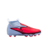 A light blue and vibrant red Nike Phantom soccer cleat featuring a laceless, high-collar design and a textured upper against a black background.