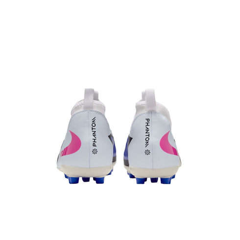 Rear view of white Nike Phantom soccer cleats with pink swooshes, blue studs, and vertical branding on the heels against a black background.