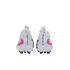 Rear view of white Nike Phantom soccer cleats with pink swooshes, blue studs, and vertical branding on the heels against a black background.