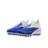 A pair of blue, white, and pink Nike children's laceless soccer cleats shown from a side angle against a black background.
