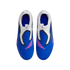 Top-down view of blue and white laceless Nike soccer shoes with pink accents on a black background.