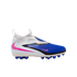 Side view of a white and blue laceless Nike soccer cleat with pink swoosh accents and black detailing, set against a black background.