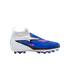 Side view of a white and blue laceless Nike Phantom soccer cleat with pink accents, featuring a sock-like collar and blue studs against a black background.