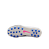 Sole of a Nike soccer cleat featuring multiple blue circular studs and a pink swoosh on a translucent white plate, shown against a black background.