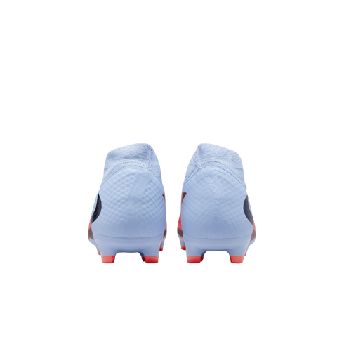 Rear view of a pair of light blue soccer cleats with orange studs, isolated on a black background.
