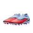 A pair of light blue and bright red Nike soccer cleats with high-top sock collars and textured uppers, set against a solid black background.