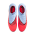 Top-down view of light blue and vibrant red Nike Phantom football boots with white laces, set against a solid black background.