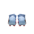 Rear view of light blue soccer cleats with high-top collars and red accents against a solid black background.