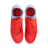 Top-down view of bright red Nike Phantom soccer cleats featuring light blue sock-like collars and black Nike logos, set against a solid black background.
