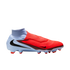 Nike Phantom Venom soccer cleat with a red textured upper, light blue heel, and a high-top sock collar.