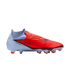 A profile view of a Nike Phantom Flyknit soccer cleat with a vibrant red upper and light blue heel against a black background.