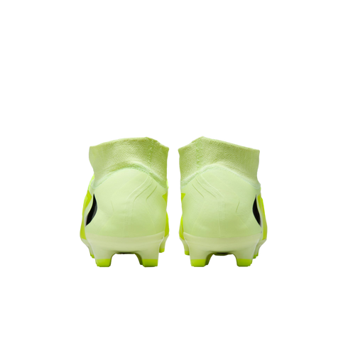 Rear view of a pair of neon yellow high-top soccer cleats against a black background.