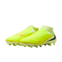 A pair of neon yellow laceless Nike soccer cleats with orange swooshes against a black background.