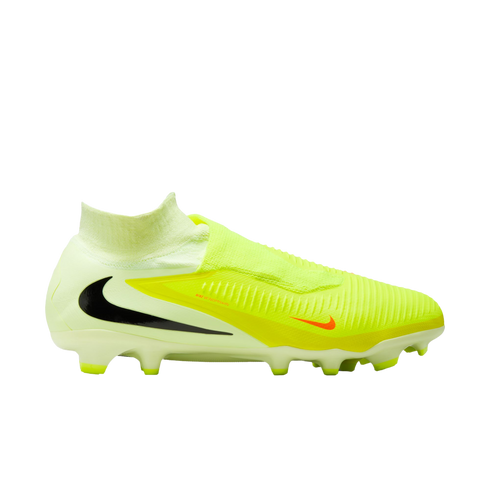 A neon yellow and white Nike soccer cleat with a high-top collar, black swoosh on the heel, and orange swoosh near the toe, isolated on a black background.