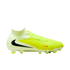 A neon yellow and white Nike soccer cleat with a high-top collar, black swoosh on the heel, and orange swoosh near the toe, isolated on a black background.