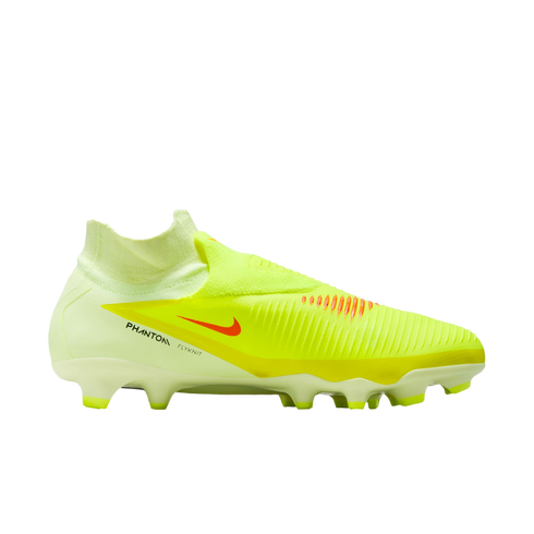 Side view of a neon yellow Nike Phantom Flyknit soccer cleat with orange accents and a laceless, high-top design against a black background.