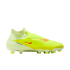 Side view of a neon yellow Nike Phantom Flyknit soccer cleat with orange accents and a laceless, high-top design against a black background.