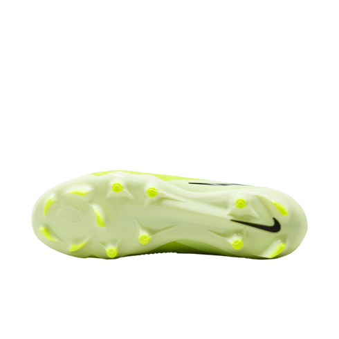 Bottom view of a neon yellow Nike soccer cleat showing the stud configuration and a black swoosh on the heel.