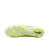 Bottom view of a neon yellow Nike soccer cleat showing the stud configuration and a black swoosh on the heel.