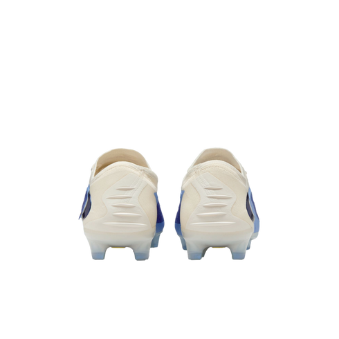 Rear view of a pair of cream and blue soccer cleats with textured heels and clear studs, centered on a white background.