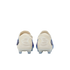 Rear view of a pair of cream and blue soccer cleats with textured heels and clear studs, centered on a white background.