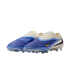 A pair of Nike soccer cleats featuring a textured blue forefoot, cream-colored heel and laces, and small yellow Nike swooshes.