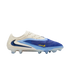 A side-view of a Nike Phantom GX soccer cleat featuring a cream, royal blue, and light blue design with a prominent dark blue swoosh on the heel and a small yellow swoosh.