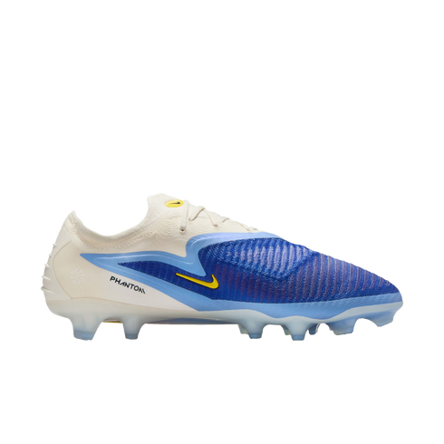 Side view of a Nike Phantom soccer boot with a cream heel, blue textured forefoot, and yellow accents against a plain white background.