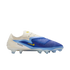 Side view of a Nike Phantom soccer boot with a cream heel, blue textured forefoot, and yellow accents against a plain white background.