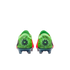 A rear view of a pair of bright green soccer cleats with a black circular logo centered on each heel, featuring a dark green starburst pattern against a solid black background.