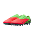 A pair of lime green and neon red Nike soccer cleats displayed against a black background. The cleats feature a vibrant red textured forefoot, green heel and lacing area, and clear green-tinted studs.