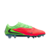 A Nike Phantom GX soccer cleat featuring a lime green upper, bright red-orange forefoot, and black Nike swooshes against a black background.