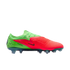 A studio shot of a Nike Phantom soccer cleat against a solid black background. The shoe features a vibrant split color scheme: bright lime green on the heel and collar, and a textured crimson red on the forefoot and midfoot. A small black Nike swoosh and