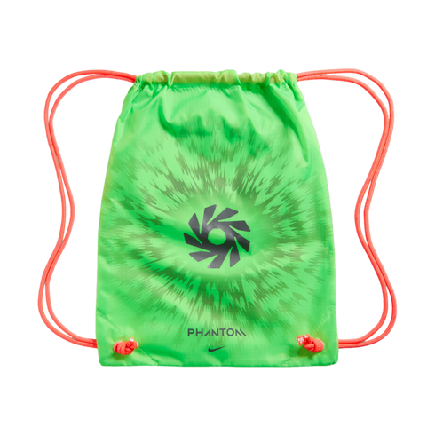 A neon green Nike drawstring gym bag with orange straps, featuring a dark circular graphic in the center and the word "PHANTOM" above a small Nike swoosh at the bottom.